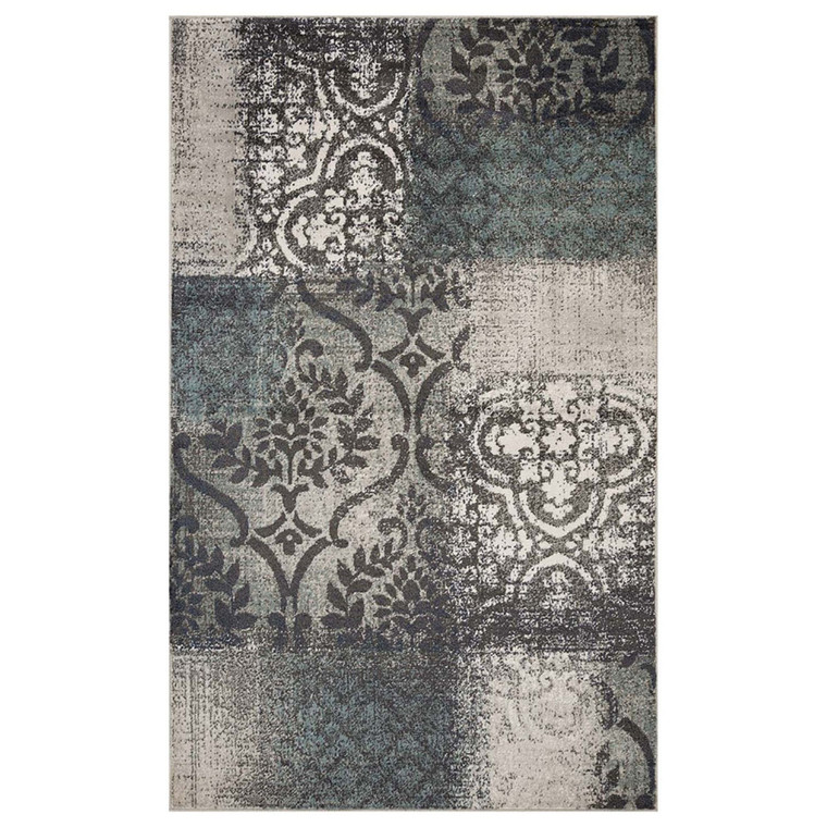 Homeroots 7' X 9' Teal And Gray Damask Distressed Stain Resistant Area Rug 486772