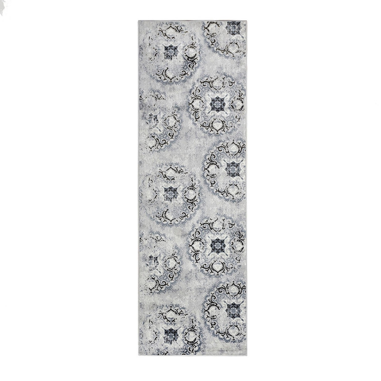Homeroots 8' Silver And Gray Geometric Medallion Stain Resistant Runner Rug 486896