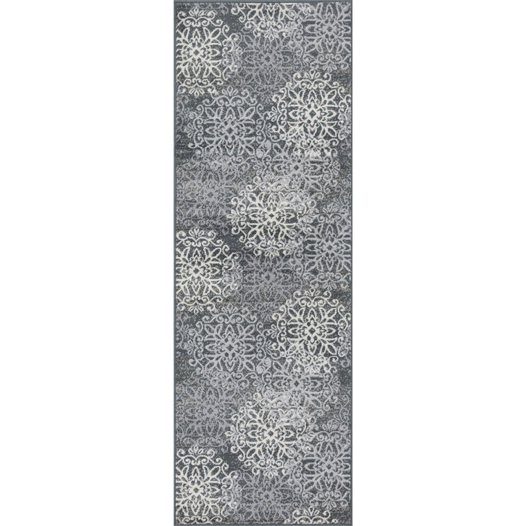 Homeroots 8' Slate And Gray Medallion Power Loom Stain Resistant Runner Rug 486916