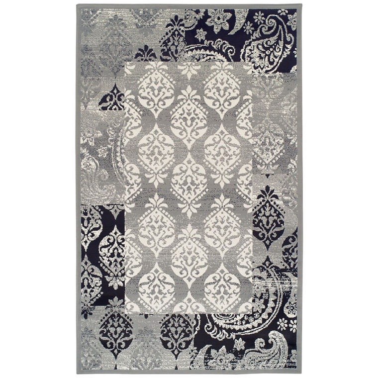 Homeroots 5' X 8' Black And Gray Damask Power Loom Distressed Stain Resistant Area Rug 486969