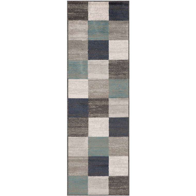 Homeroots 8' Teal And Gray Geometric Power Loom Stain Resistant Runner Rug 487024