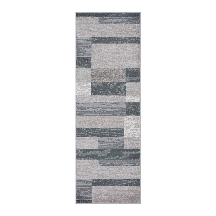 Homeroots 8' Blue And Taupe Patchwork Power Loom Stain Resistant Runner Rug 487065