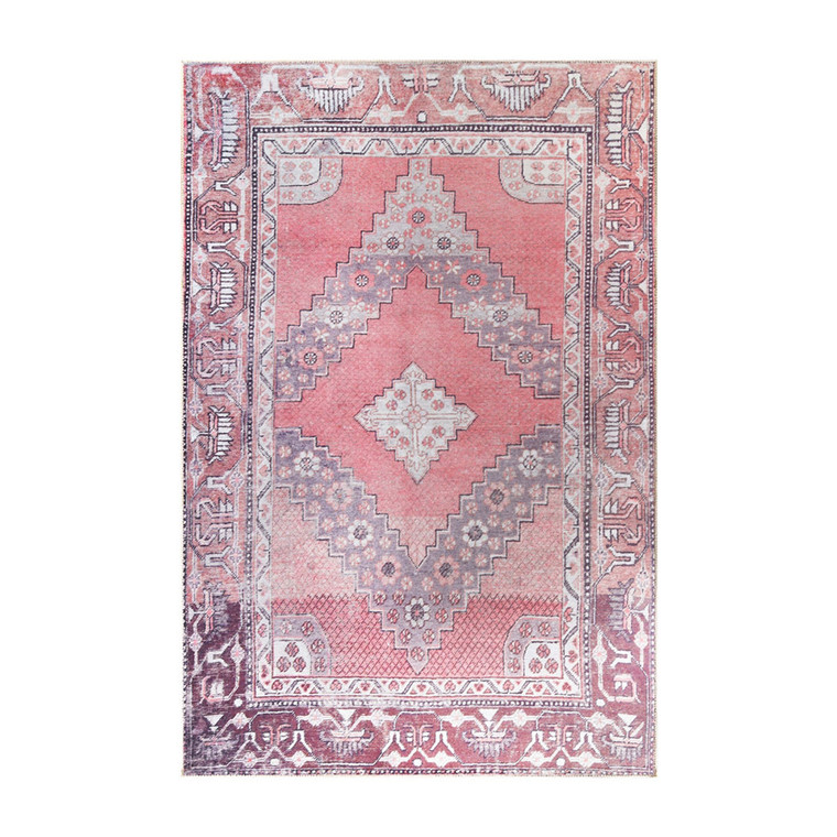 Homeroots 5' X 8' Pink Geometric Power Loom Distressed Stain Resistant Non Skid Area Rug 487153