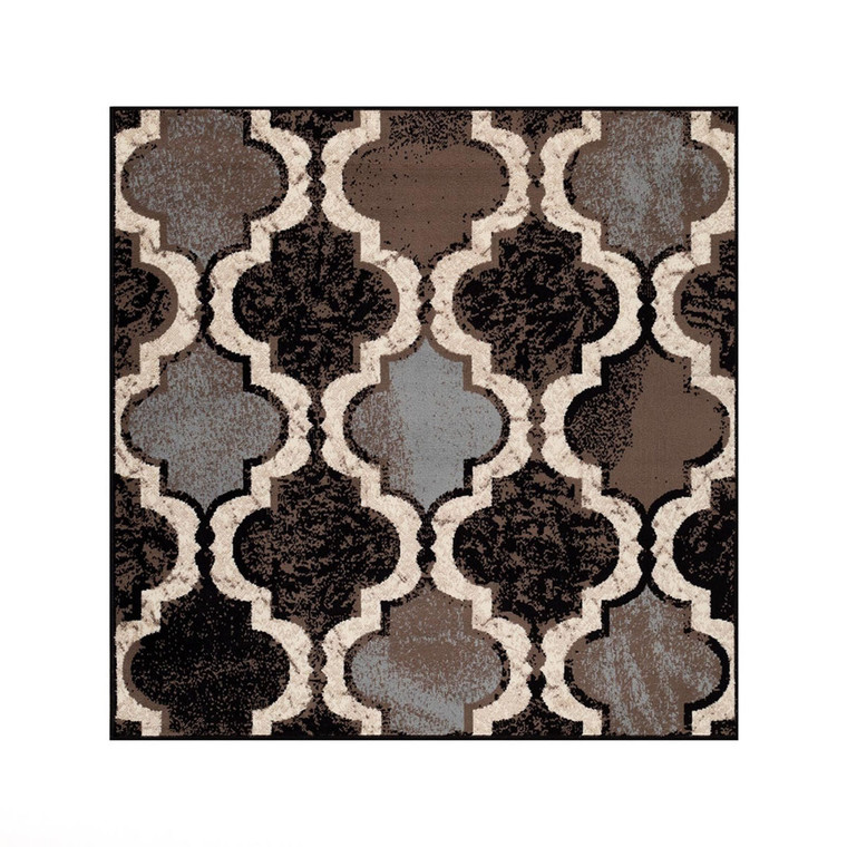 Homeroots 5' Square Chocolate Square Quatrefoil Power Loom Distressed Stain Resistant Area Rug 487203
