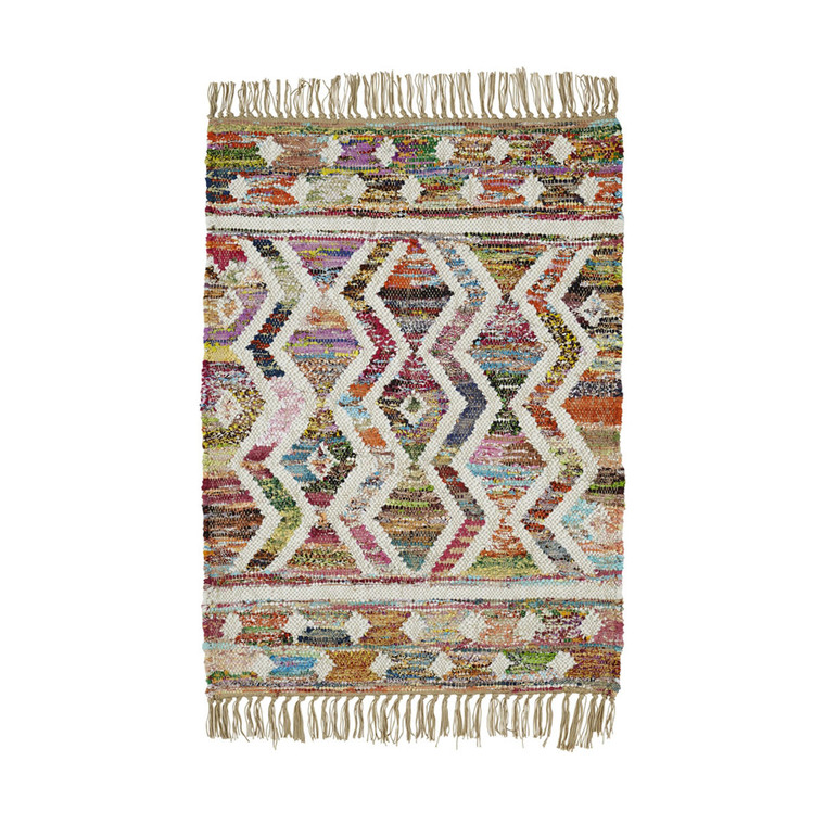 Homeroots 2' X 3' Ivory Blue Pink Gold And Green Geometric Hand Woven Area Rug With Fringe 487251