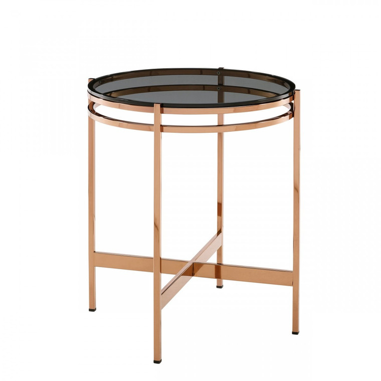 Homeroots 22" Rosegold And Smoke Glass Geo Round End Table 487336
