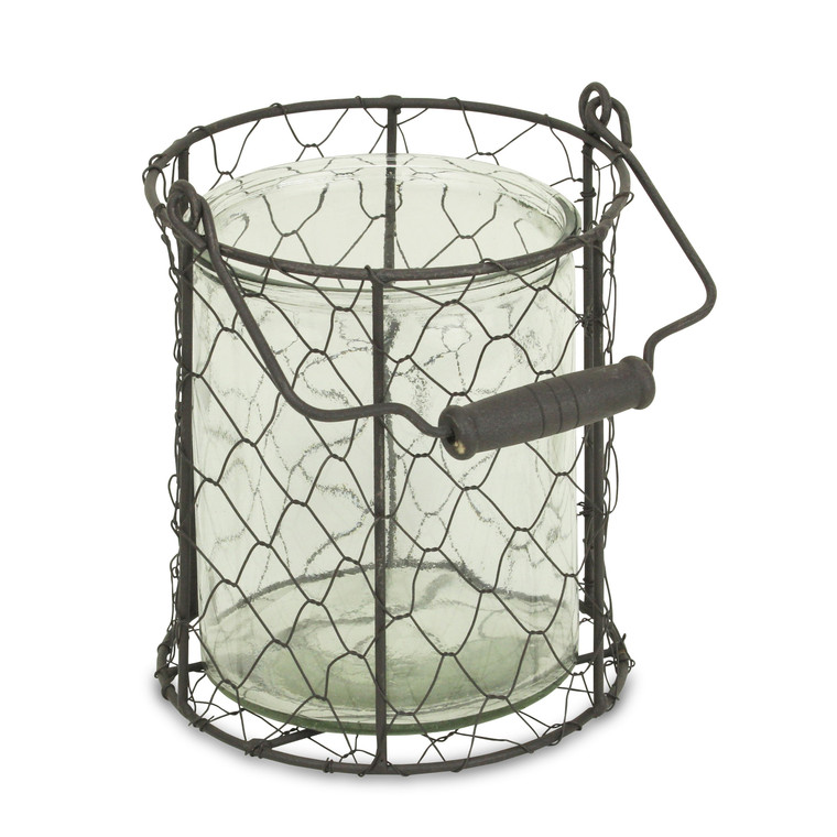 Homeroots 6" Brown And Clear Wire Basket And Glass Jar 488159