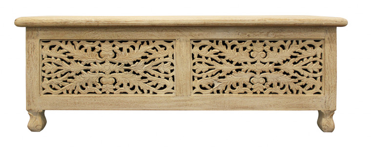 Homeroots 46" Antique White Solid Carved Wood Scroll Bench With Flip Top 489210
