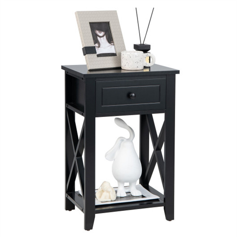 Storage End Bedside Drawer Nightstand With Bottom Shelf-Black HW66695BK