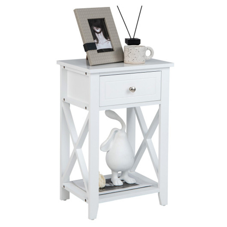 Storage End Bedside Drawer Nightstand With Bottom Shelf-White HW66695WH