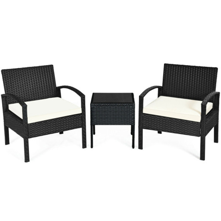 3 Pieces Outdoor Rattan Patio Conversation Set With Seat Cushions-White HW63218WH