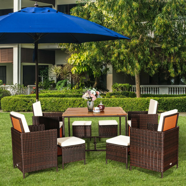 9 Pieces Patio Rattan Dining Cushioned Chairs Set-White HW70674WH+