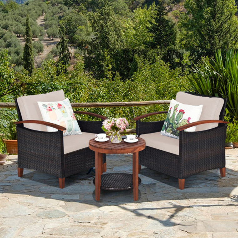 3 Pieces Patio Rattan Furniture Set With Washable Cushion And Acacia Wood Tabletop-Beige HW70688BN