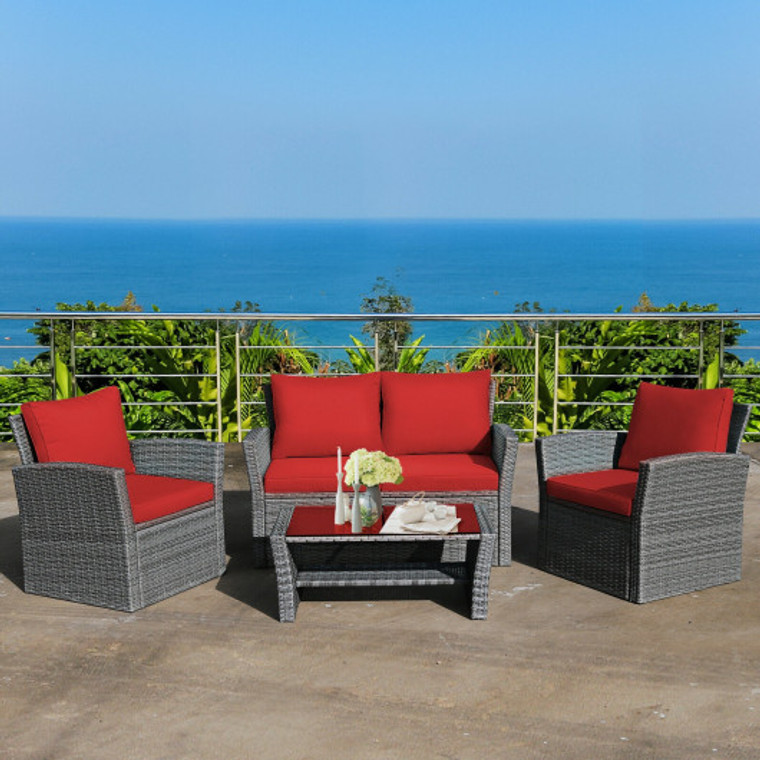 4 Pieces Patio Rattan Furniture Set Sofa Table With Storage Shelf Cushion-Red HW67841CRE+