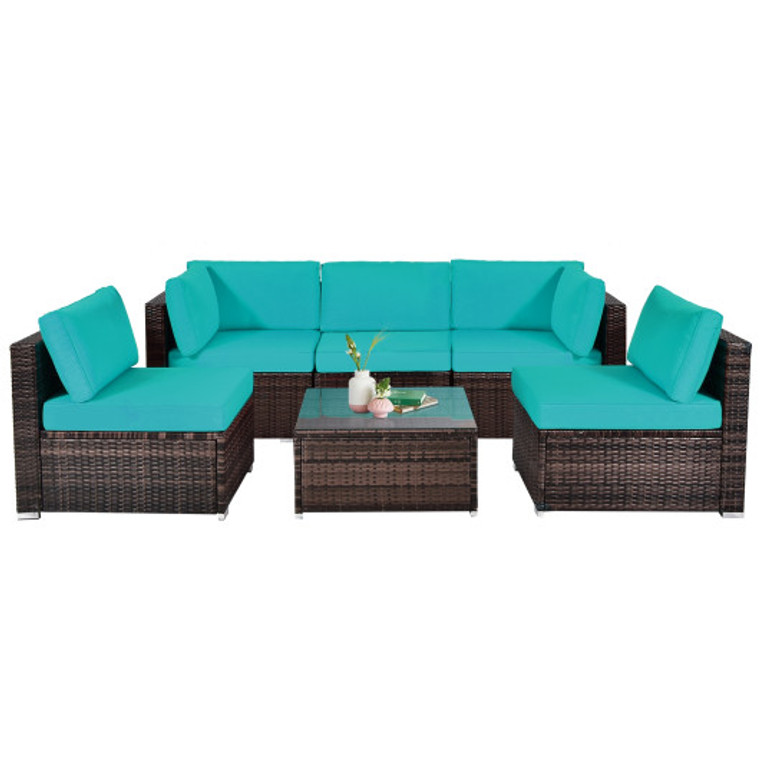6 Pieces Patio Rattan Furniture Set With Cushions And Glass Coffee Table-Turquoise HW67937TUB+