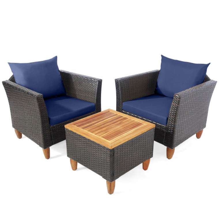 3 Pieces Patio Rattan Bistro Furniture Set With Wooden Table Top-Navy HW69383NY