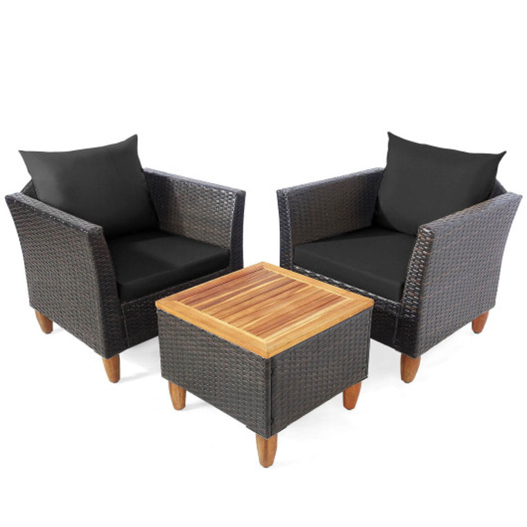 3 Pieces Patio Rattan Bistro Furniture Set With Wooden Table Top-Black HW69383DK