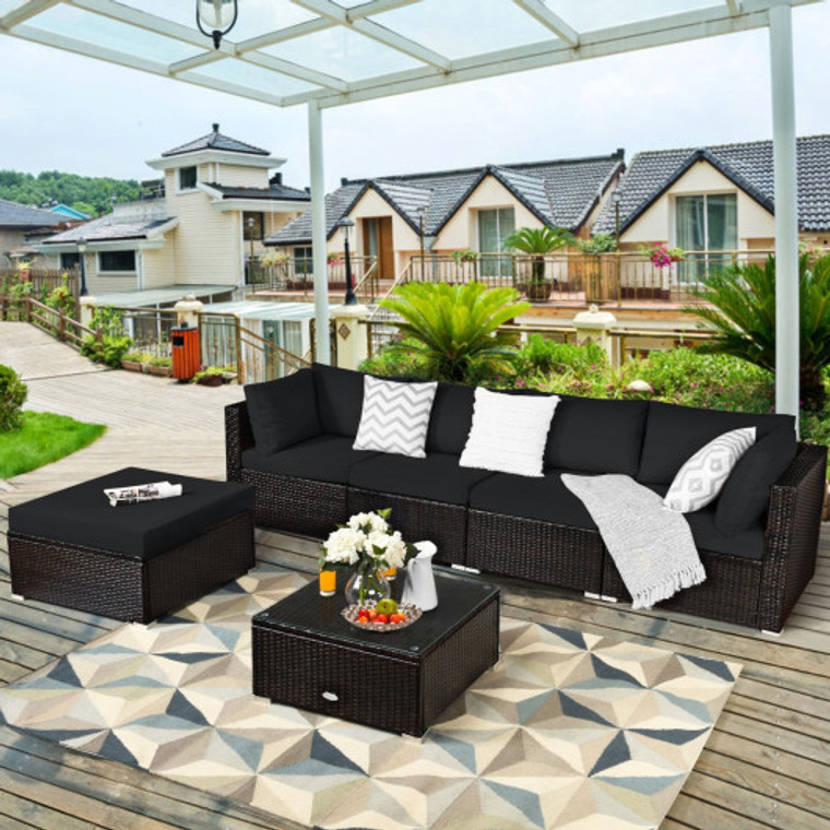 6 Pieces Rattan Outdoor Patio Furniture Set With Coffee Table Ottoman HW63878BKA+