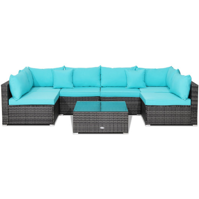 7 Pieces Patio Rattan Furniture Set With Sectional Sofa Cushioned-Turquoise HW70439TU+