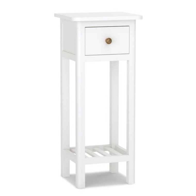 2 Tier Slim Nightstand Bedside Table With Drawer Shelf-White JV10760WH