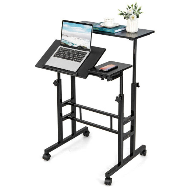Mobile Stand Up Computer Desk With 2 Tilting Desktops-Black HW68035HS