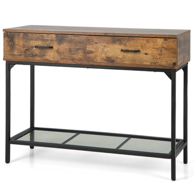 2 Drawers Industrial Console Table With Steel Frame For Small Space-Rustic Brown JV10561CF
