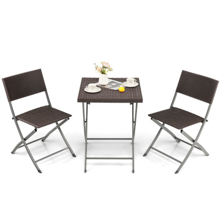 3 Pieces Patio Bistro Set With Folding Wicker Chairs And Table-Brown NP10739CF