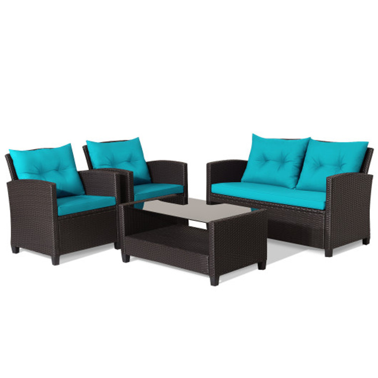 4 Pieces Patio Rattan Furniture Set With Tempered Glass Coffee Table-Turquoise HW66742TU+