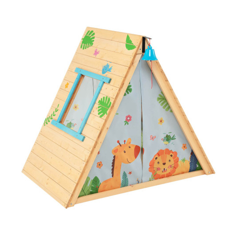 2-In-1 Wooden Kids Triangle Playhouse With Climbing Wall And Front Bell TS10054