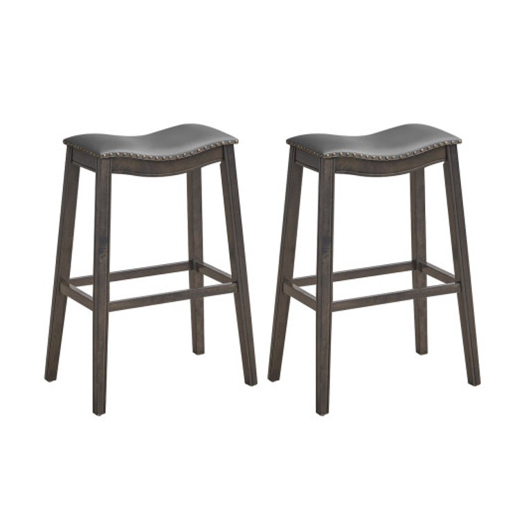 29 Inch Set Of 2 Backless Wood Nailhead Barstools With Pvc Leather Seat-Gray KC53446GR-29