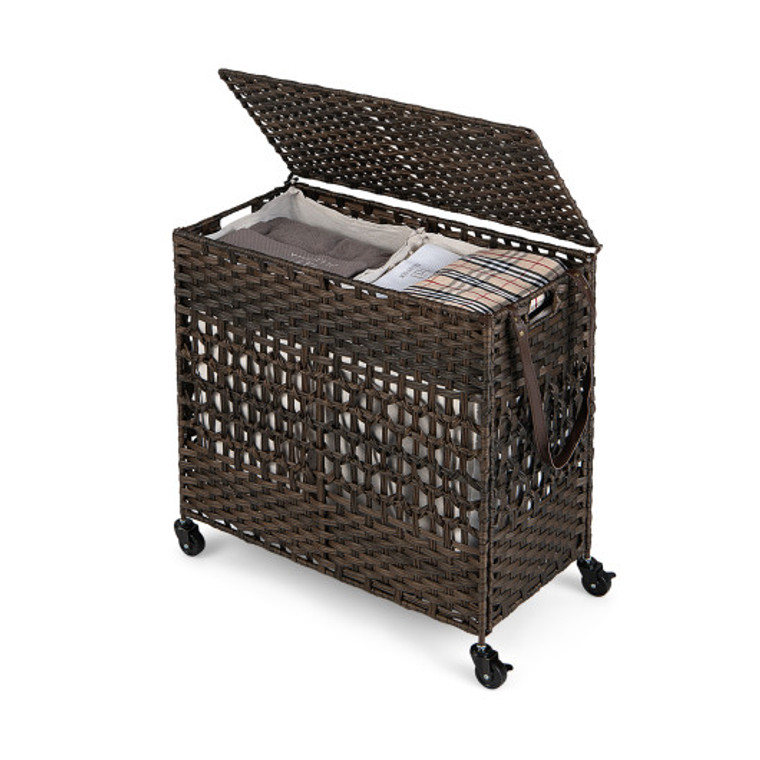 110L 2-Section Laundry Hamper With 2 Removable And Washable Liner Bags-Brown JZ10084BN
