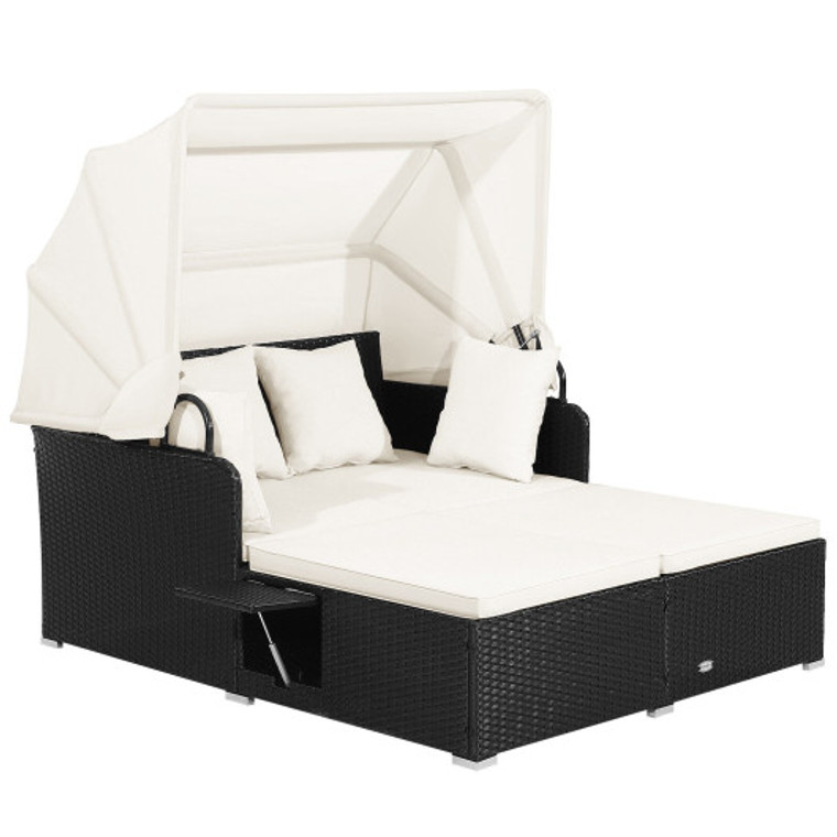 Patio Rattan Daybed With Retractable Canopy And Side Tables-Off White HW70628WH