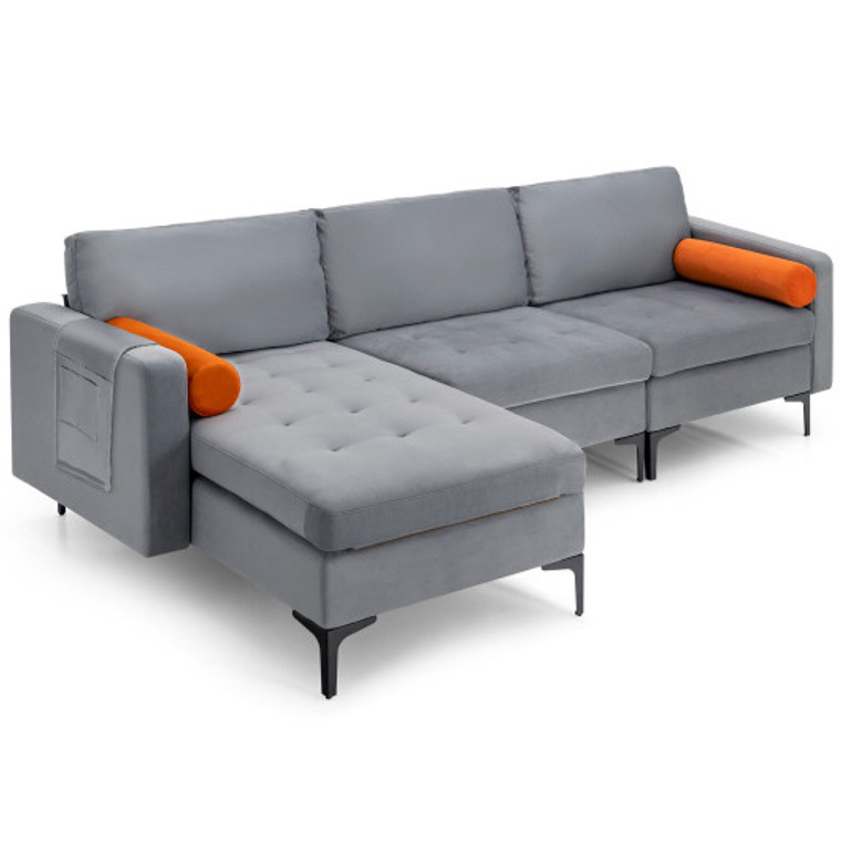 Modular L-Shaped 3-Seat Sectional Sofa With Reversible Chaise And 2 Usb Ports-Gray HV10310OG-A+HV10310OG-B+HV10310US-OG-D