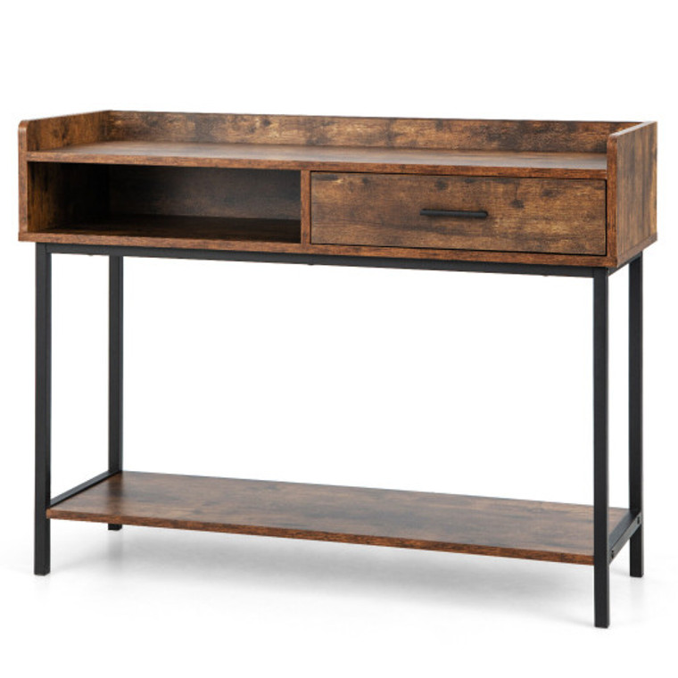 Long Console Table With Drawer And Metal Frame-Rustic Brown JV10495CF