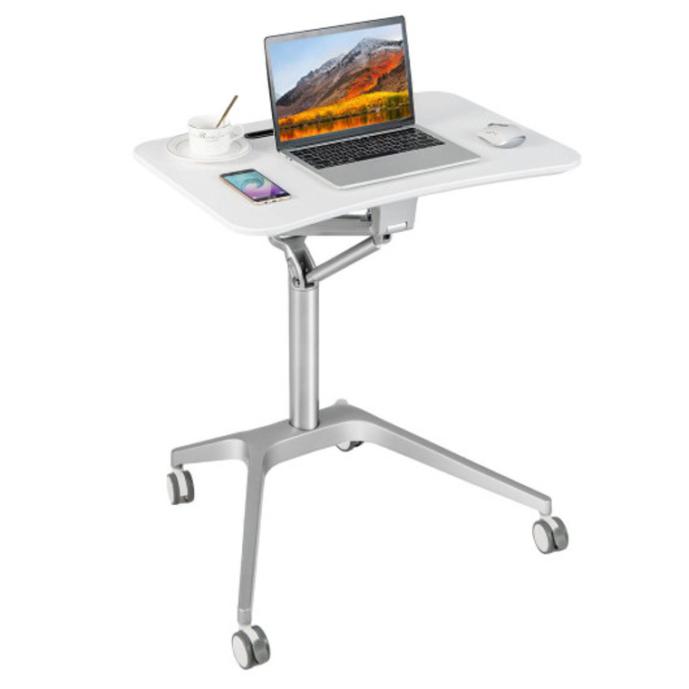 Mobile Standing Laptop Desk With Tablet Holder And 4 Rolling Casters-White JV10408WH