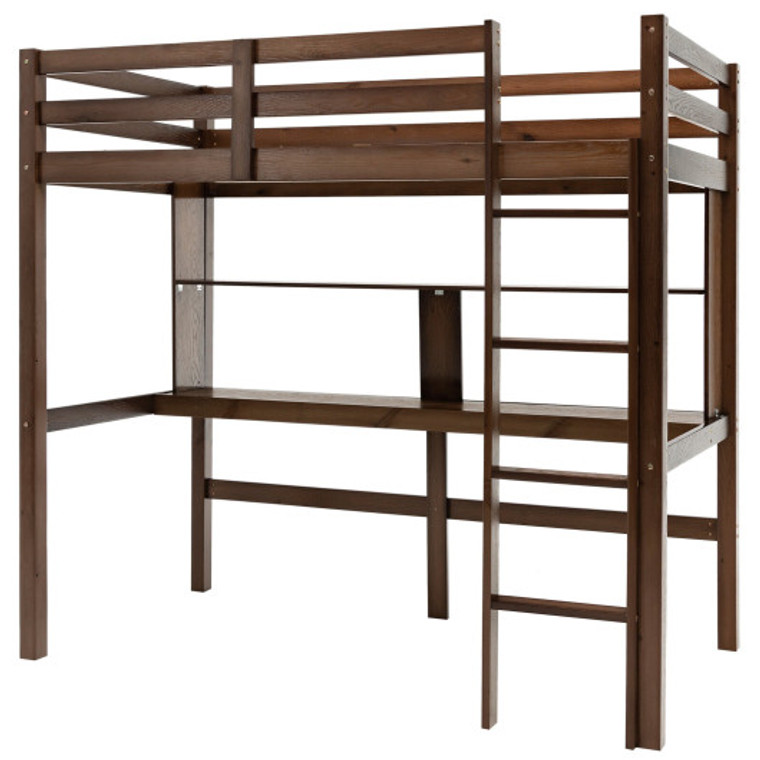 Twin Size Solid Wood Slatted Loft Bed Frame With Safety Guardrail For Kid-Brown HY10045BN+