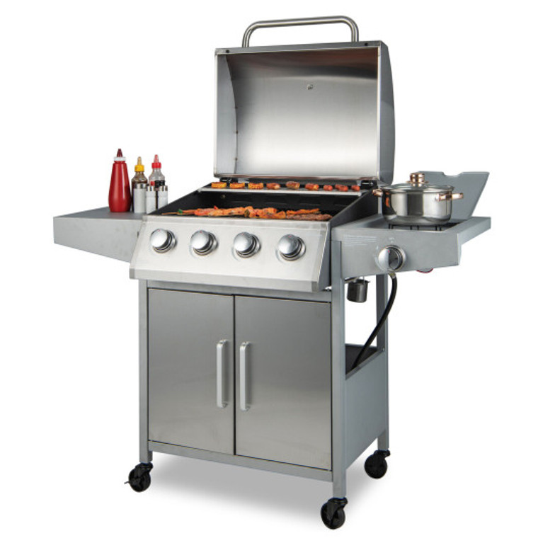 50000Btu 5-Burner Propane Gas Grill With Side Burner And 2 Prep Tables-Silver NP10898US-SL
