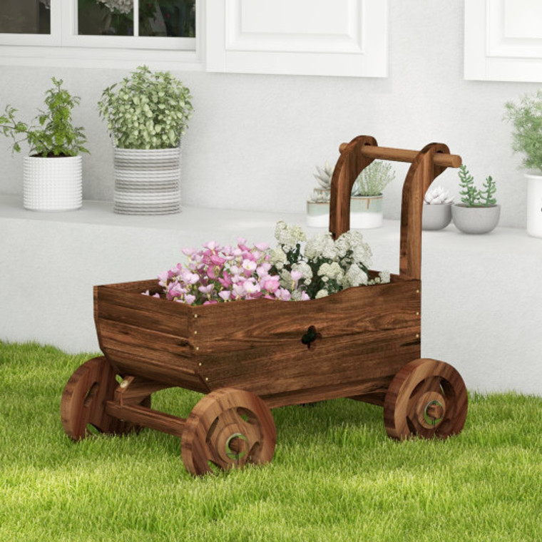 Decorative Wooden Wagon Cart With Handle Wheels And Drainage Hole-Rustic Brown GT3930CF