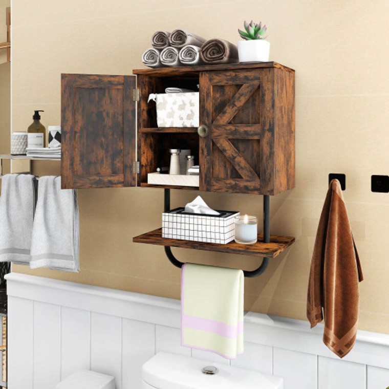 2-Door Bathroom Wall-Mounted Medicine Cabinet With Open Shelf And Towel Rack-Rustic Brown JV10436CF