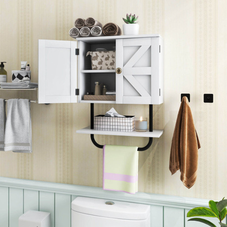 2-Door Bathroom Wall-Mounted Medicine Cabinet With Open Shelf And Towel Rack-White JV10436WH