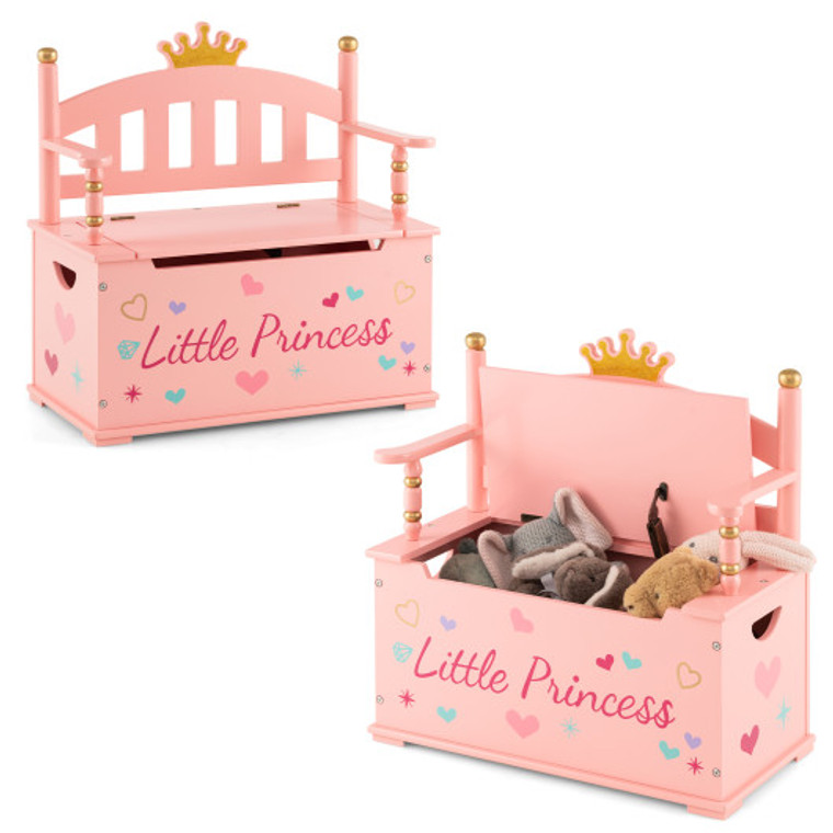 2-In-1 Kids Princess Wooden Toy Box With Safe Hinged Lid-Pink HY10098PI