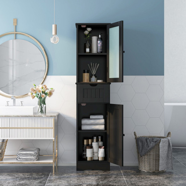Tall Floor Storage Cabinet With 2 Doors And 1 Drawer For Bathroom-Black JV10679DK