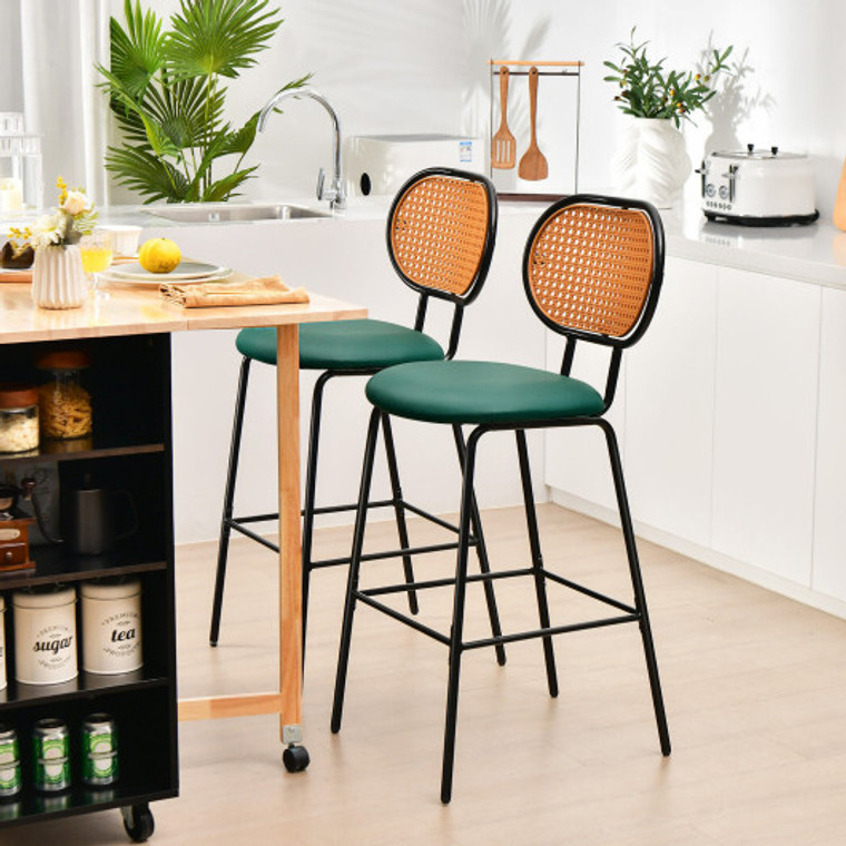 29.5 Inch Modern Faux Leather Bar Stools With Imitation Rattan Woven Backrest-Green JV10738DG-2