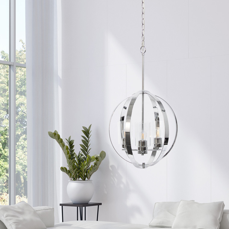 Lalia Home 3-Light 18" Adjustable Industrial Globe Hanging Metal And Clear Glass Ceiling Pendant - Chrome LHP-3010-CH