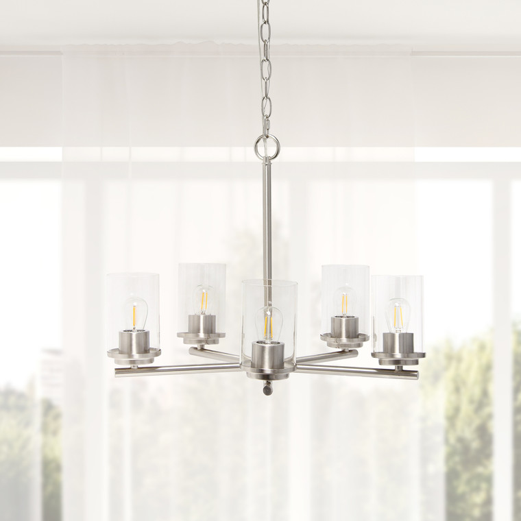 Lalia Home 5-Light 20.5" Classic Contemporary Clear Glass And Metal Hanging Pendant Chandelier - Brushed Nickel LHP-3013-BN