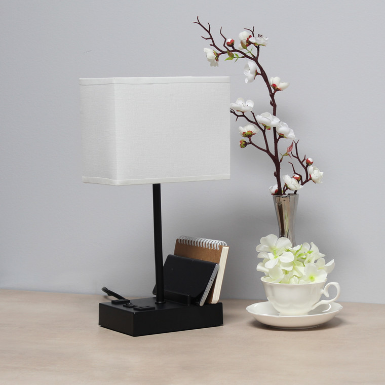 Simple Designs 15.3" Tall Modern Rectangular Multi-Use 1 Light Bedside Table Desk Lamp With 2 Usb Ports And Charging Outlet - Black LT1110-WOB