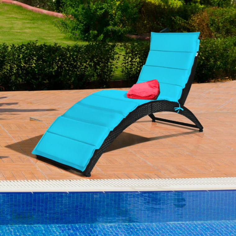 Folding Patio Rattan Portable Lounge Chair Chaise With Cushion-Turquoise HW68672TU
