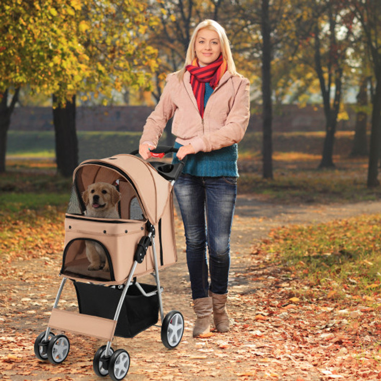 Foldable 4-Wheel Pet Stroller With Storage Basket-Beige PW10039BE
