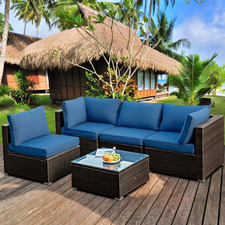 5 Pieces Cushioned Patio Rattan Furniture Set With Glass Table-Navy HW68691BNY+