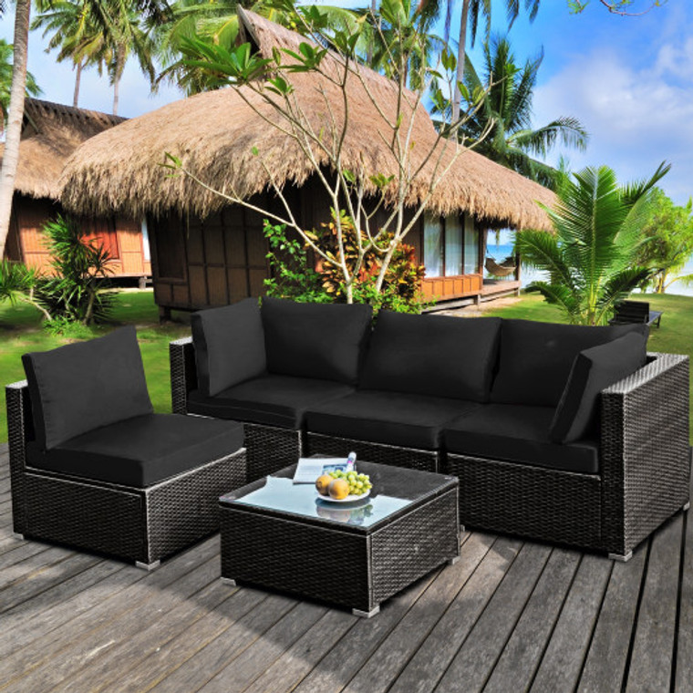 5 Pieces Cushioned Patio Rattan Furniture Set With Glass Table-Black HW68691BDK+